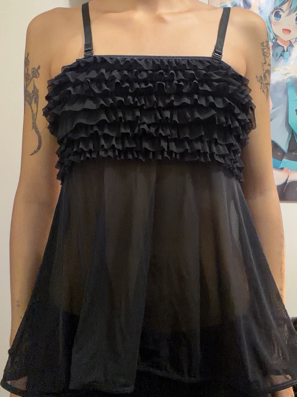 COQUETTE Black Ruffled Sheer Tank Top with removable Straps
